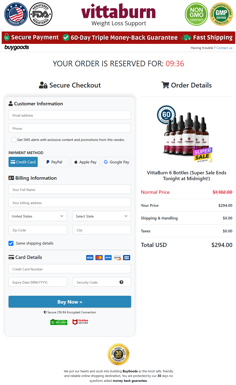 VittaBurn BuyGoods checkout page
